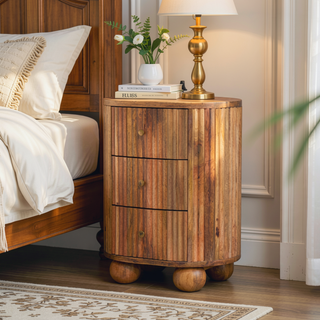 Sunvega Solid Mango Wood 3 Drawer Bedside Table with Oak Finish