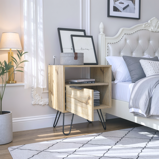 Sunvega Light Oak Nightstand with Hairpin Legs, Single Door Cabinet and Drawer for Bedroom