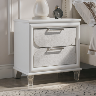 Sunvega Contemporary Glam Pearl White Nightstand with Embossed Panels and Acrylic Handles