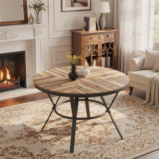 Sunvega Round Dining Table with Metal Legs and Light Birch Veneer Top for Kitchen
