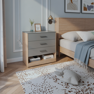 Sunvega Modern Gray and Oak 3 Drawer Dresser with Open Shelf for Bedroom