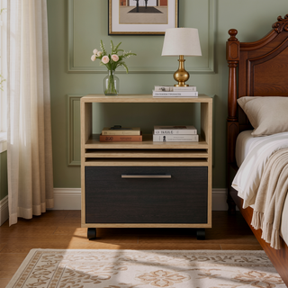 Sunvega 20 Inch High Natural Oak Nightstand with One Drawer and Four Casters