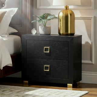Sunvega Modern Black Nightstand with Center Glide Drawers and Gold Trim