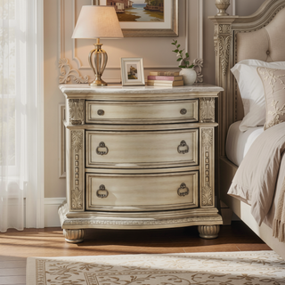 Sunvega Silver Finish European Design Nightstand with Genuine Marble Top