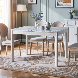 Sunvega Faux Marble Dining Table with Glossy Finish and Creamy White Oak Legs