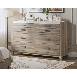 Sunvega Rustic Transitional Contemporary Dresser with Faux Marble Top and Six Drawers
