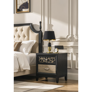 Sunvega Modern Nightstand with Two Drawers and Unique Wood Pattern in Black