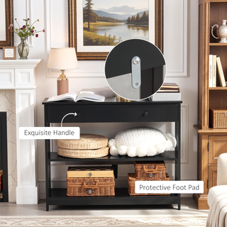 Sunvega Extra Wide Pull Out Drawer Console Table with Slatted Wood Frame Design