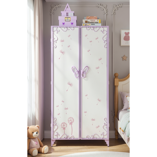 Sunvega White and Purple Butterfly Design Metal Wardrobe with Hanging Rod