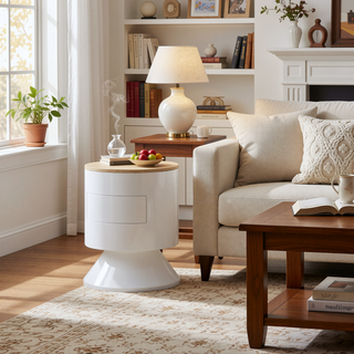 Sunvega White High Gloss Modern Drum Nightstand with Single Drawer for Bedroom