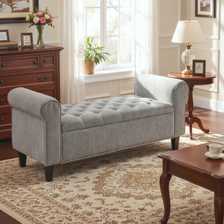 Sunvega Upholstered Tufted Storage Ottoman Bench with Rolled Arms for Bedroom