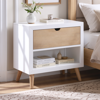 Sunvega White and Natural Finish Pine Wood Nightstand with Drawer and Shelf
