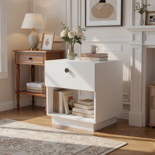 Sunvega White 1-Drawer Nightstand with Large Storage Shelf and Smooth Glide