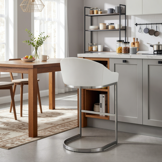 Sunvega Brushed Stainless Steel Bar Stool with White Faux Leather Upholstery