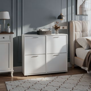 Sunvega Four-Door Shoe Cabinet with Multiple Shelves for Organized Storage White