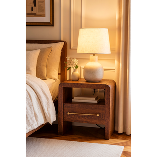 Sunvega Solid Oak Bedside Table with Curved Edge and Single Drawer Shelf