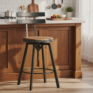 Sunvega Antique Finish Firwood Seat Barstool with Black Brush Silver Metal Frame