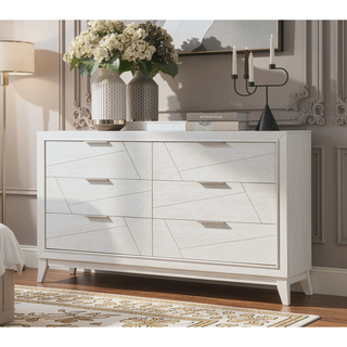 Sunvega Antique White Finish Oak Veneer Dresser with 6 Dovetail Storage Drawers
