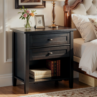 Sunvega Solid Wood Transitional Nightstand with Two Drawers in Hickory Brown