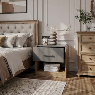 Sunvega Matt Grey Macadamia Nightstand with Drawer and Open Shelf for Bedroom