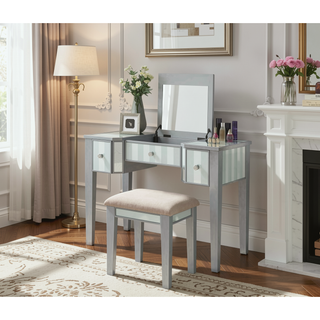 Sunvega Transitional Silver Finish Vanity Set with Stool and Storage Drawers