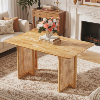 Sunvega Natural Solid Wood Dining Table with Imitation Rattan Legs for Dining Room