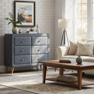 Sunvega Light Grey Upholstered Double Dresser with Six Drawers on Tapered Legs