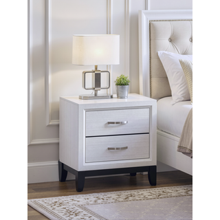 Sunvega White Laminate Nightstand with Wood Grain Detailing and Two Spacious Drawers