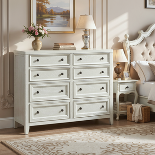 Sunvega Gypsum Whitewash Eight Drawer Dresser with Framed Fronts and Smooth Glides
