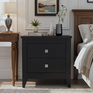 Sunvega Black Nightstand with Two Drawers and Four Legs Featuring a Superior Top