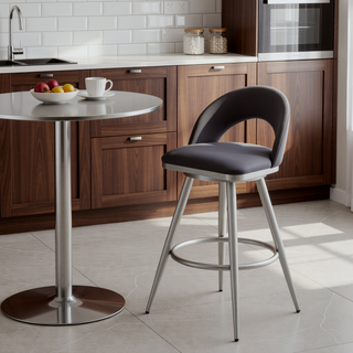 Sunvega 30 Inch Swivel Bar Stool with Gray Faux Leather and Brushed Stainless Steel