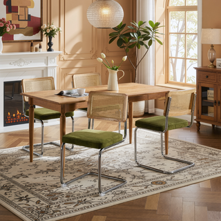 Sunvega Mid Century Modern Dining Chairs Set of 2 with Velvet Upholstery and Natural Rattan Back