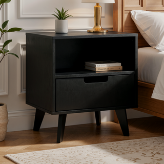 Sunvega Modern 1-Drawer Nightstand with Open Cubby and Sleek Cutout Handles