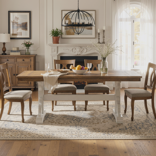 Sunvega Farmhouse Style Brown And White Trestle Dining Table For Your Home
