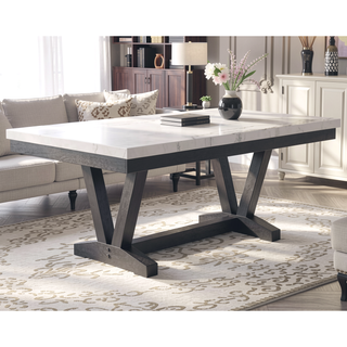 Sunvega Modern Dining Table with Genuine Marble Top and Black Trestle Base