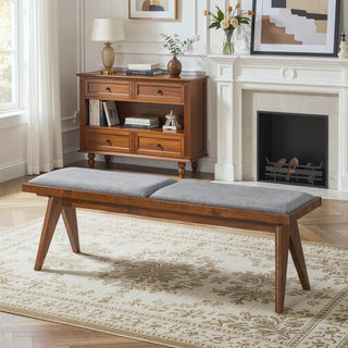 Sunvega Mid Century Modern Rattan Upholstery Bench with Black Solid Wood Legs