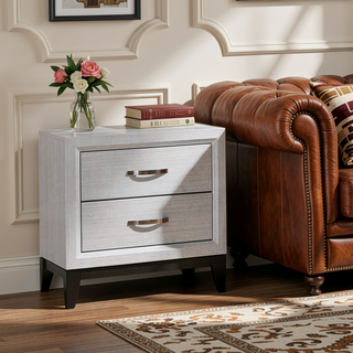 Sunvega White Wood Nightstand with Two Drawers and Metal Handles