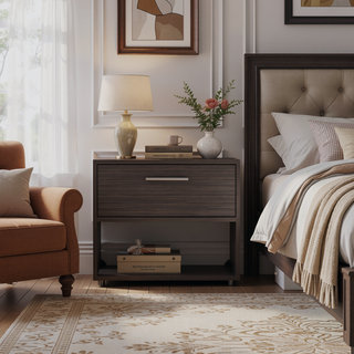 Sunvega Dark Walnut Nightstand with Spacious Drawer and Open Shelf