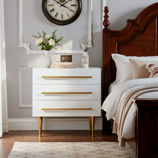 Sunvega Modern White Nightstand with Gold Accent and Three Wooden Drawers