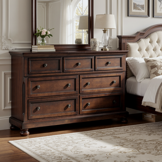 Sunvega Brown Cherry Finish Birch Veneer Nightstand with 2 Dovetail Drawers and Bun Feet