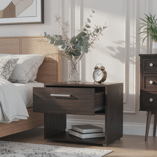 Sunvega Walnut Nightstand with Drawer and Open Storage Shelf for Bedroom