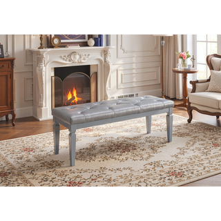 Sunvega Silver Finish Tufted Bench with Foam Cushioned Faux Leather Upholstery