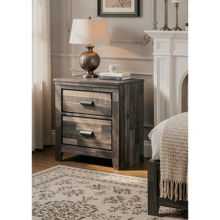 Sunvega Contemporary Brown Mix Finish Nightstand with Two Storage Drawers and Black Metal Pull