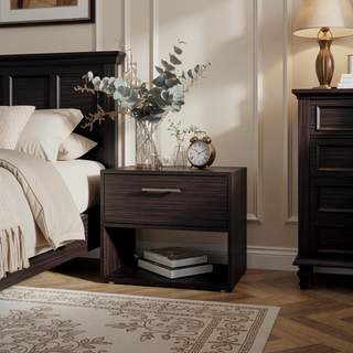 Sunvega Stained Walnut Nightstand with a Single Drawer and Spacious Shelf