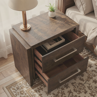 Sunvega Solid Rubberwood Nightstand with Two Drawers in Dark Walnut Finish