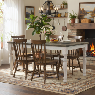 Sunvega Farmhouse Two-Tone Distressed Wood Dining Table with Turned-Leg Design