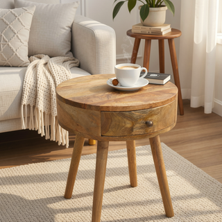 Sunvega Oak Circular Shaped Bedside Table with One Drawer for Home Decor
