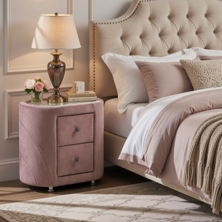 Sunvega Pink Velvet Upholstered Modern Nightstand with Two Drawers and Glass Top