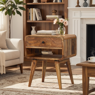 Sunvega Mid-Century Modern Oak-ish Nightstand with Drawer and Open Shelf