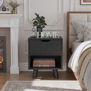 Sunvega Modern Nightstand with Spacious Drawer and Open Shelf on Chic Wooden Legs